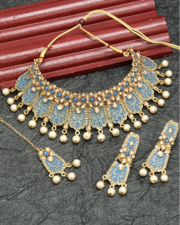 Gold Plated Bridal Look Partywear Hasli/ Choker Necklace with Earrings and maangtika -  Adjustable, Light Blue,  Gold Plated, Artificial  Stone& Beads, Multipack 1